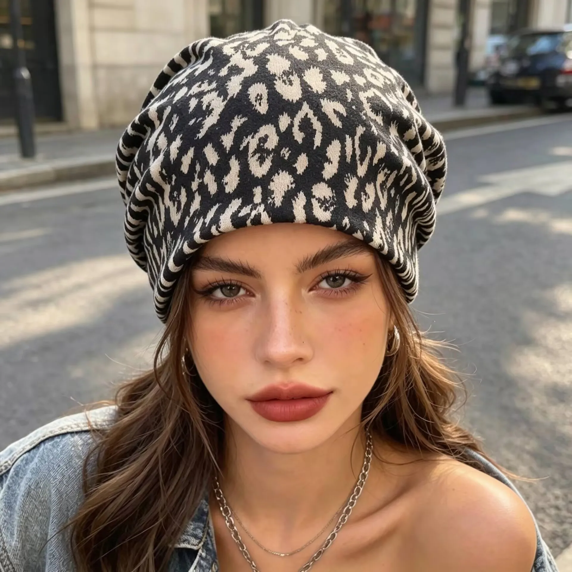 Women's Slouchy Beanie Leopard Jacquard Hat Autumn Winter Warm Brushed Knit Cap Loose Casual Baggy Skullies Headwrap for Outdoor
