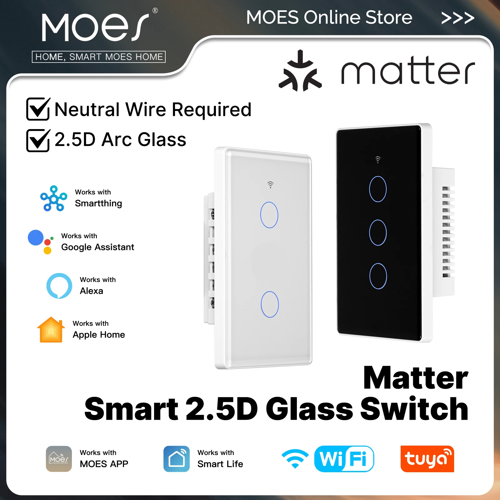 

MOES Tuya Matter WiFi Smart Light Switch 2.5D US Verison Neutral Wire Required With Alexa Google Home Apple Homekit Smartthings