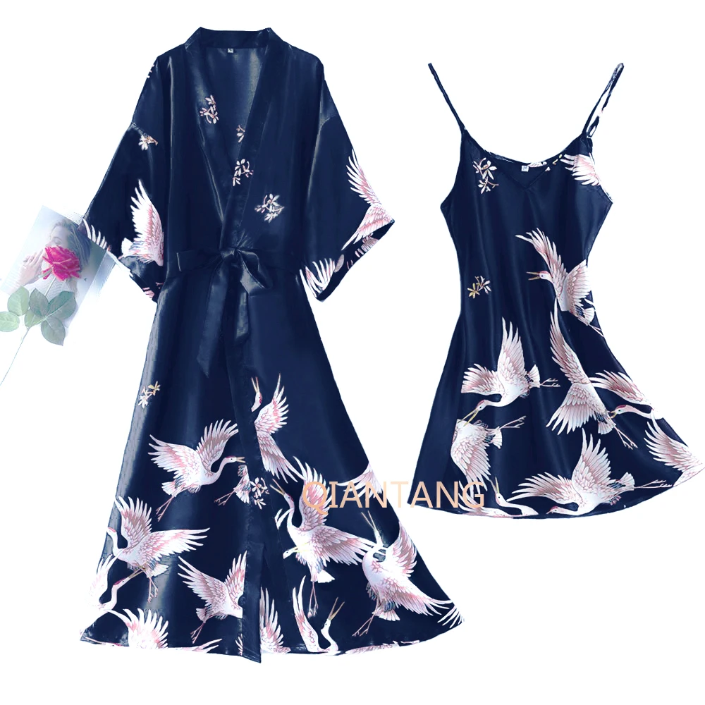 Sexy Nightwear Gown Set Women 2PC Pyjama V-Neck Pajamas Silky Sleepwear Spring Lady Sleep Suit Robe Wear Home Negligee Homewear