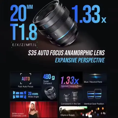 SIRUI AF 20mm/40mm T1.8 S35 1.33X Wide-angle Anamorphic Lens With STM Motor for Sony E Nikon Z Fuji X M4/3 L mount Cameras