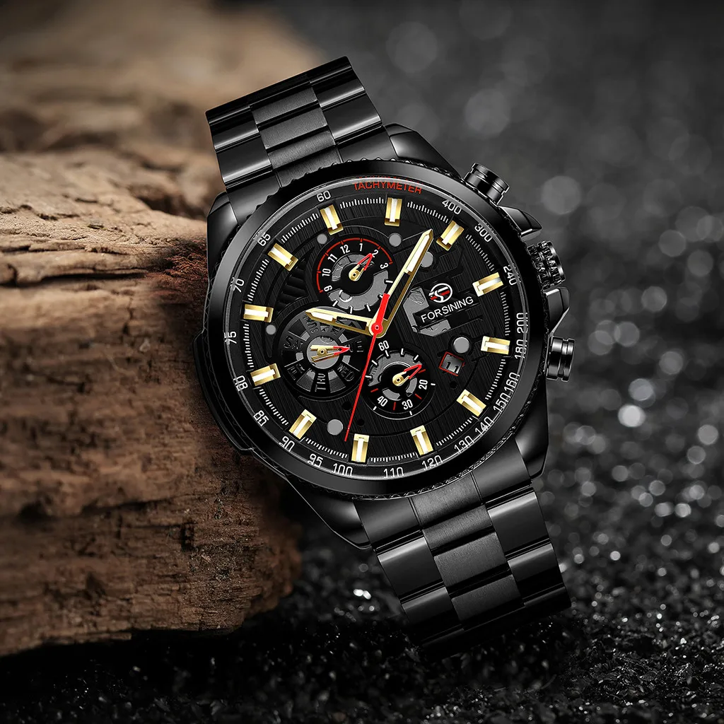 

Черный металлический ремешок, спортивный хронограф, кварцевые часы, уличные приключенческие часы со светящимся дисплеем, кварцевые часы, спортивный стиль, таймер, мужские часы