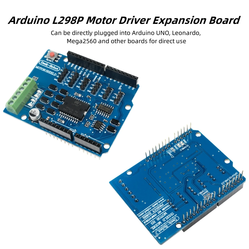 The Arduino L298P motor driver expansion board can be directly plugged into Arduino UNO, Leonardo, and Mega2560 boards for use