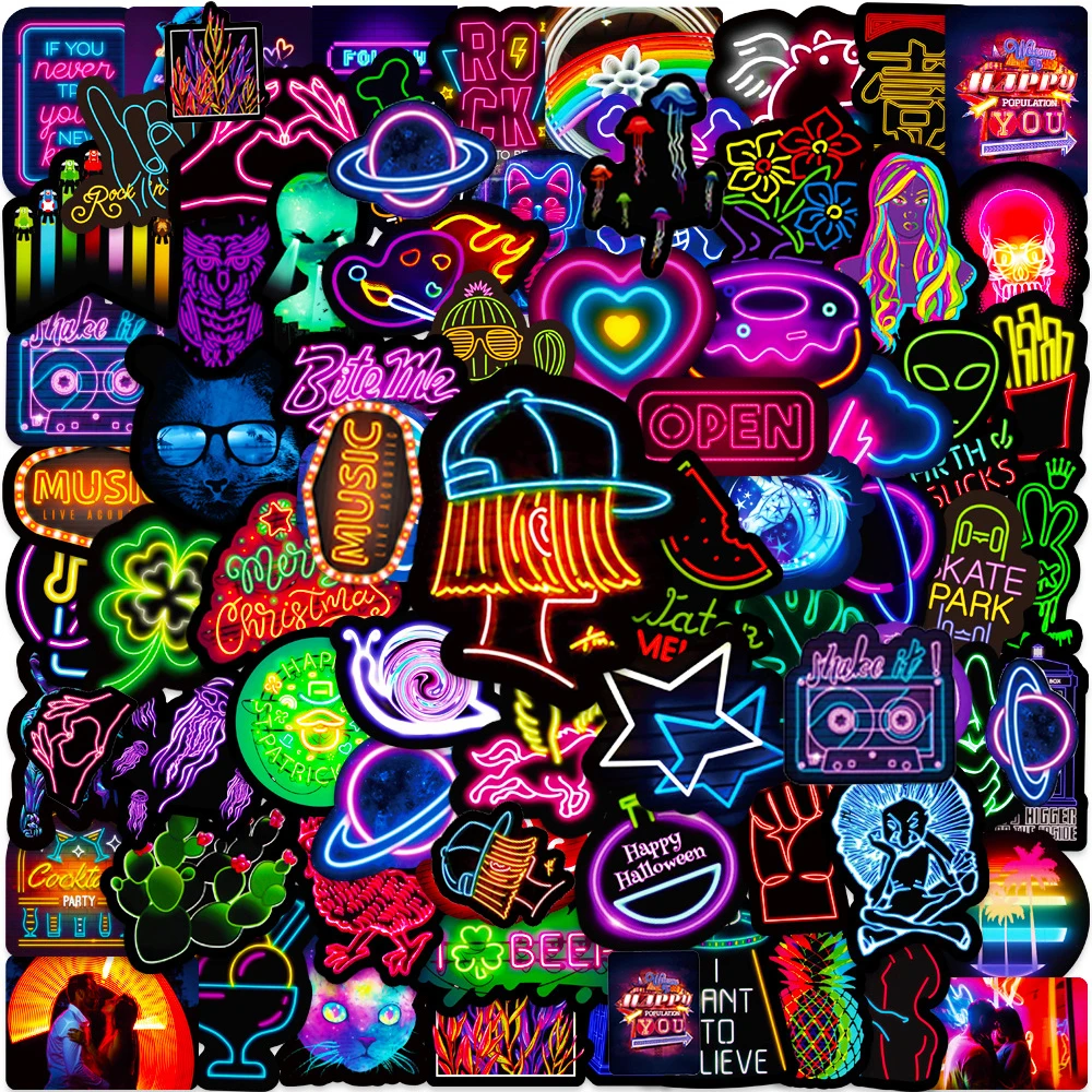 10/30/50/100pcs Cool Neon Light Cartoon Stickers Colorful Graffiti Decals DIY Stationery Journal Notebook Aesthetic Sticker Pack