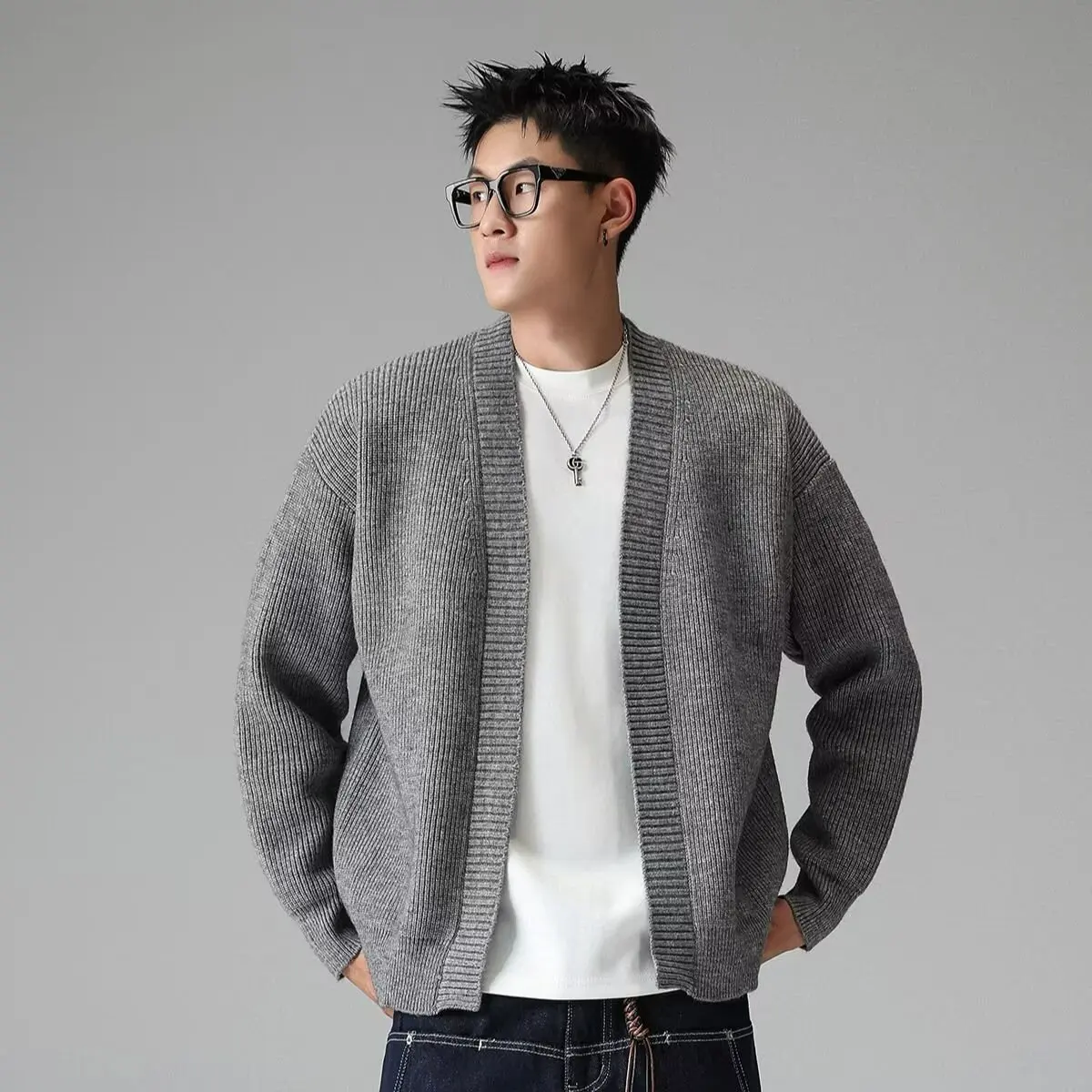 Pull tricoté décontracté V-Ne pour hommes Jaet oulder Cardigan ouvert couleur pure vêtements d'extérieur automne Faionable coupe ample polyester...