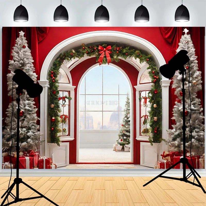 

Christmas Day Fireplace Photography Backdrops Large Window Living Room Wreach Xmas Tree Fireplace New Year Background XH-29