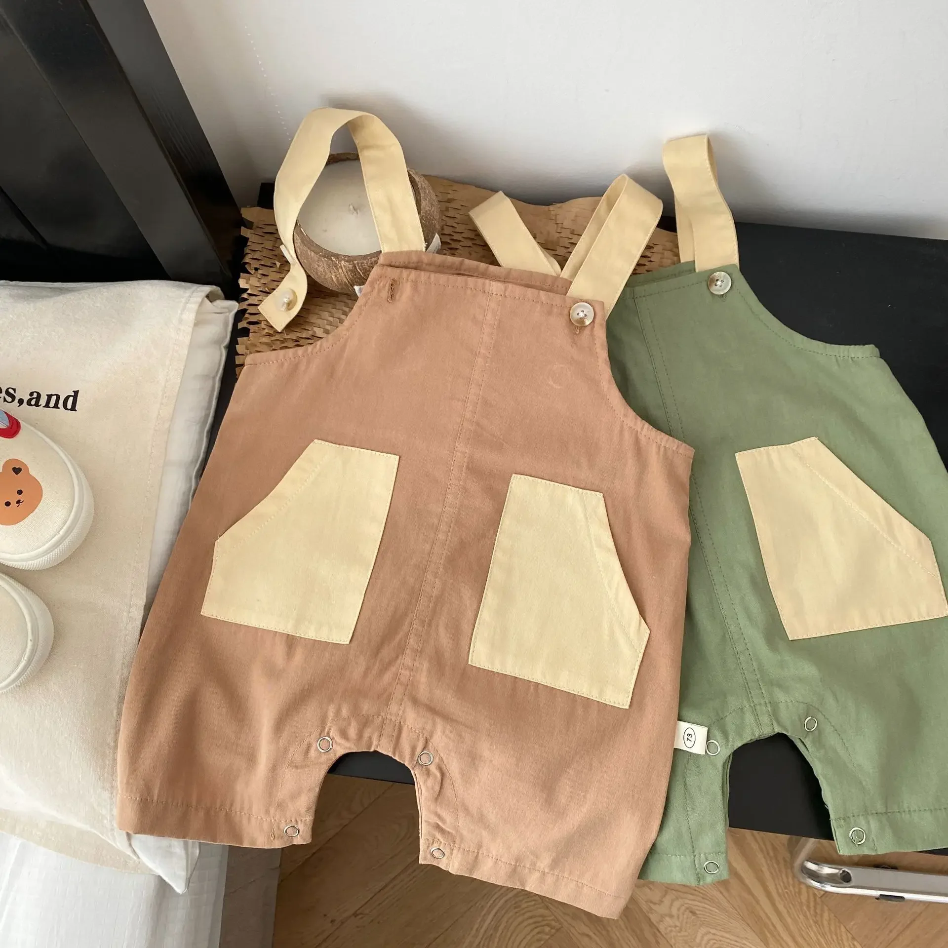 Cute Patchwork Color Blocking Cotton Overalls with Pockets for Infant  Toddler Boys Girls, Newborn To 24 Months Kids Baby Romper