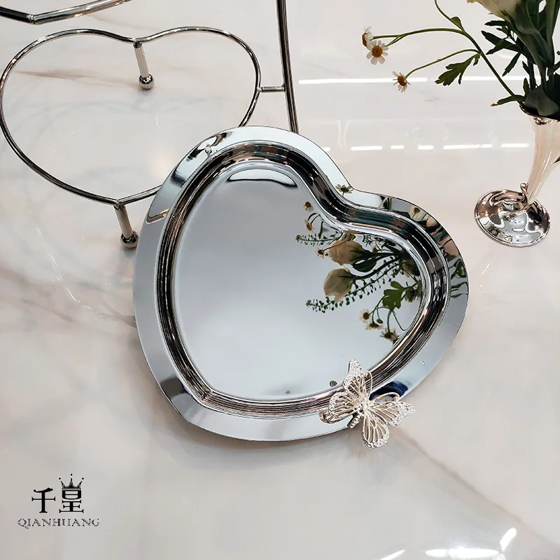 2PCS Luxury Minimalist Ins Style Stainless Steel Heart Shape Fruit Tray Cosmetic Jewelry Dish Metal Dessert Cake Plate