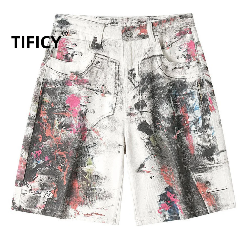 

High Street Retro Art Ink Splashed Print Denim Five Quarter Pants Men's Making Old Workwear Wide Leg Shorts