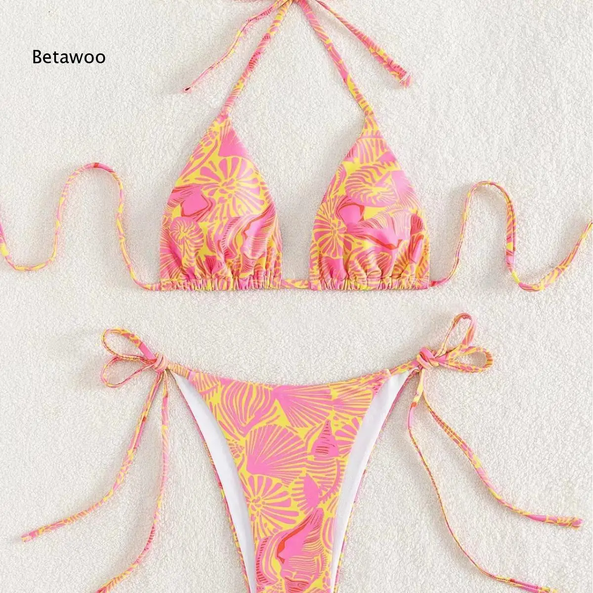 Tropical Shell Pattern Halter Triangle High Cut Bikini Set