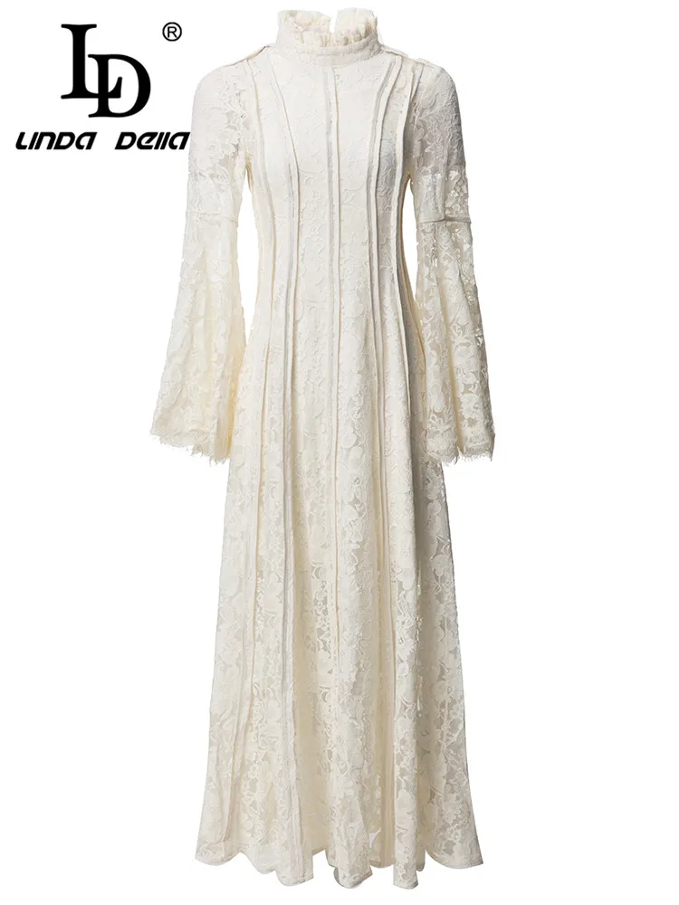 

LD LINDA DELLA Fashion Runway Spring Dress Women Flare Sleeve Lace Hollow Out Elegant vintage Vacation Party Long Dress