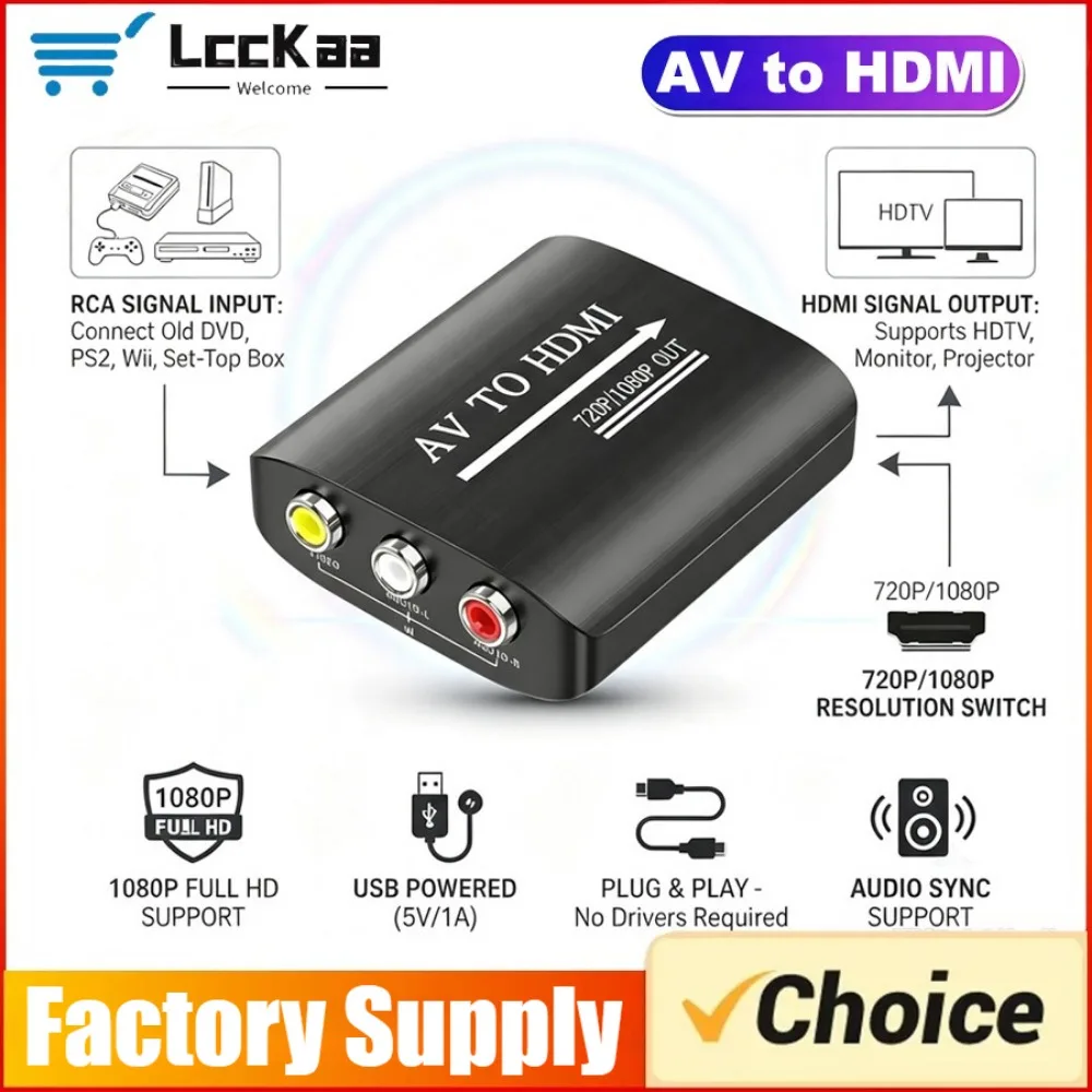 AV zu HDMI 1080P RCA zu HDMI-kompatibler Konverter CVSB L/R Video Scaler Adapter mit USB-Kabel für PS1/PS2/PS3/Xbox/VHS/VCR
