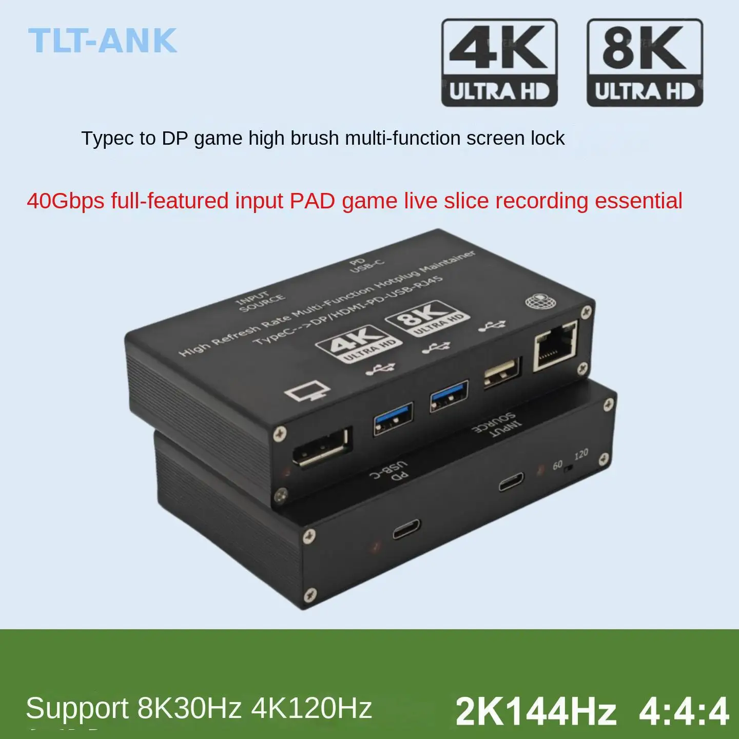 Type C to DP HDMI Video Converter EDID Lock Emulator for Game Live Streaming, High Refresh, Thunderbolt 4 Multiport Dock 40Gbps