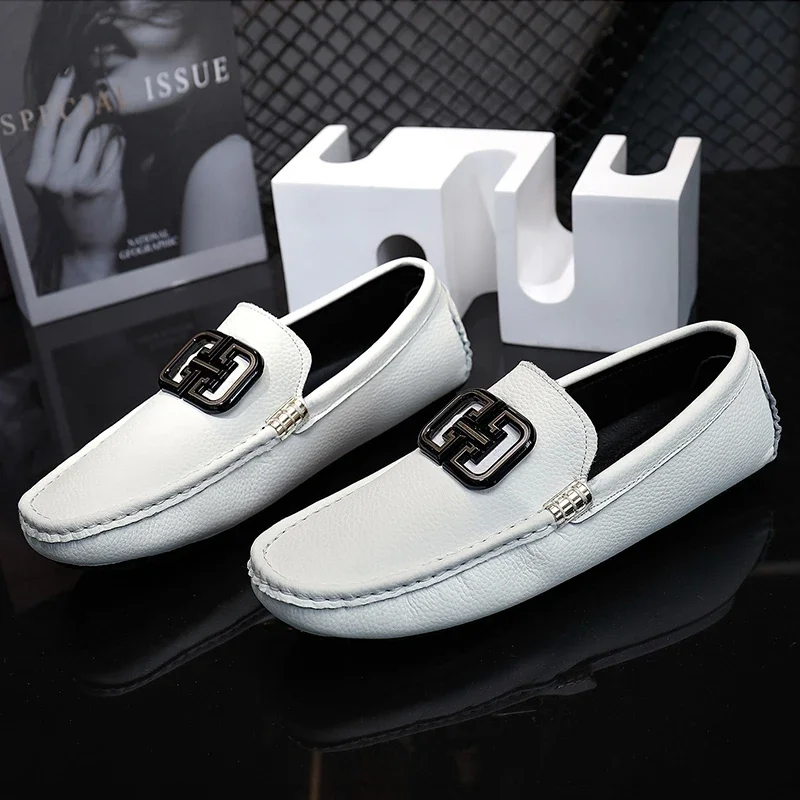 Fashion White Men Casual Moccasin Shoes Gentleman Youth Trendy Driving Shoes Light Weight Mens Casual Loafers Big Size 38-46