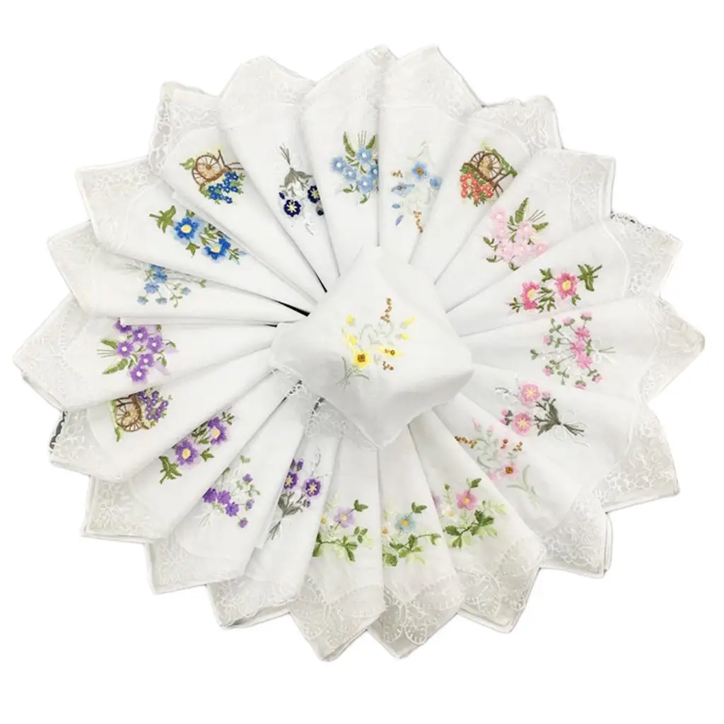 12Pieces Embroidered Lace Women Washable Pocket Square Hanky Wedding Mother Lace Hankie Kerchiefs Towel cm
