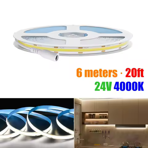 6 meters COB LED Strip Light 8mm 480 LEDs/m 19.7ft High Density Flexible Tape Ribbon 4000K Led Lights DC24V