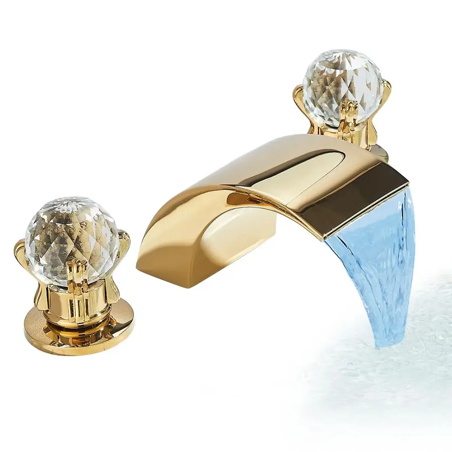 

LED Widespread Bathroom Faucet Waterfall Gold Polished Lavatory Faucets Basin Mixer Tap 2 Crystal Knobs 3 Holes