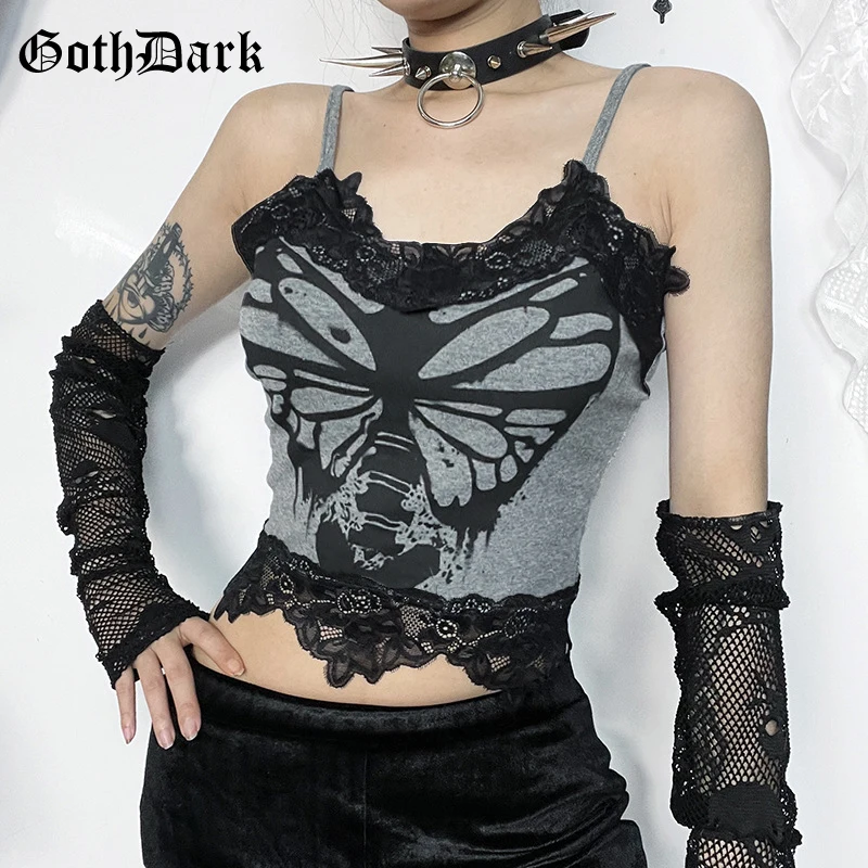 

Goth Dark Techwear Hotsweet Lace Patchwork Straps Tanks Tops Mall Gothic Butterfly Print Cropped Camisole Basic E-girl Slim Vest