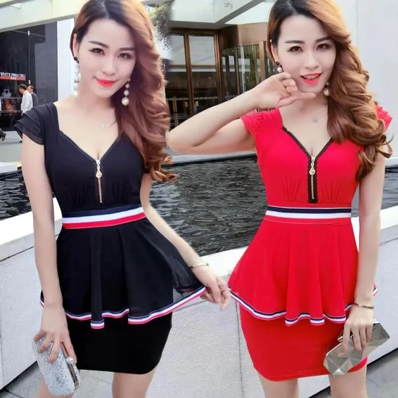 

New Fashion Spring Summer Women Zipper Low Cut Deep V-Neck Dress Office Lady Casual Wrap Hip Mini Skirt Sexy Girl Party Gift