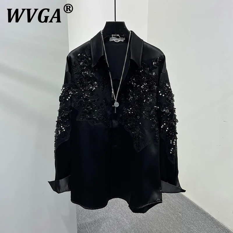 

WVGA Spring Autumn New Men's Original Design Heavy Embroidery Turn-down Collar Long Sleeved Shirts Niche Chic Casual Shirt W8073