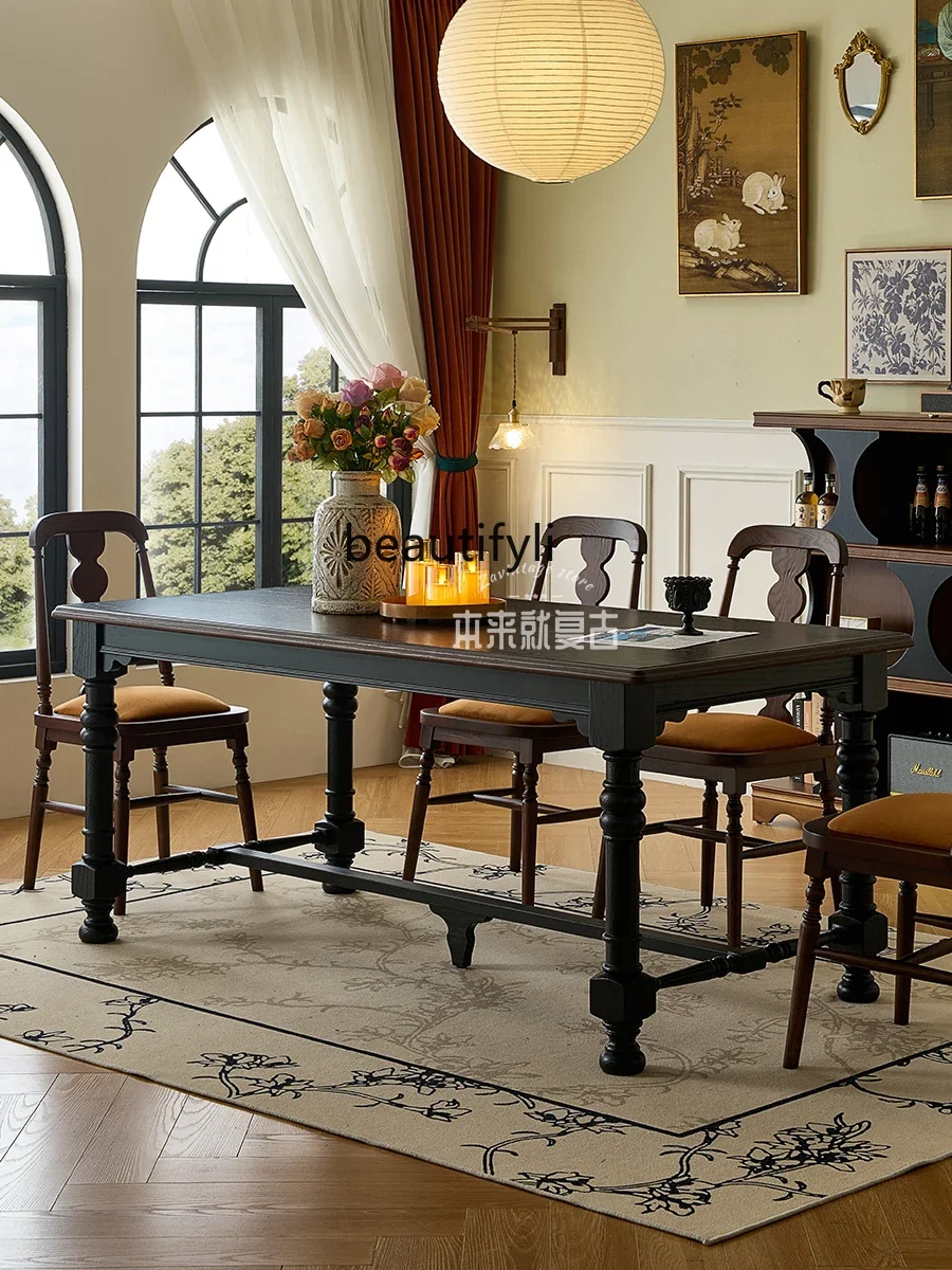 

American solid wood dining table and chairs living room home dining table French retro light luxury rectangular tableAsmt52
