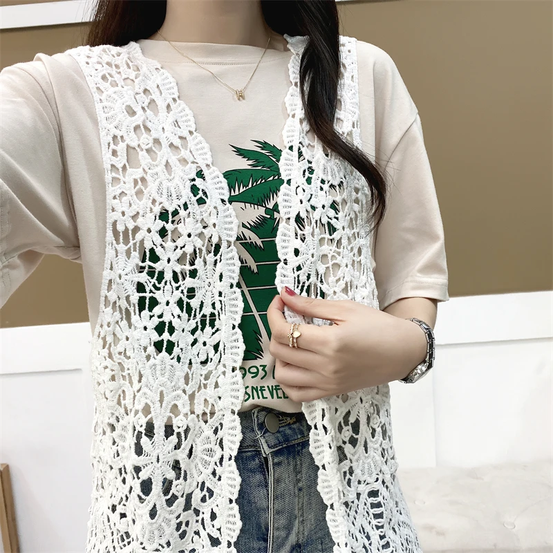 Summer Beige White Crochet Lace Vests For Women Holiday Beach Hollow Out Boho Cover-Up Korean Style Sleeveless Cotton Cardigan