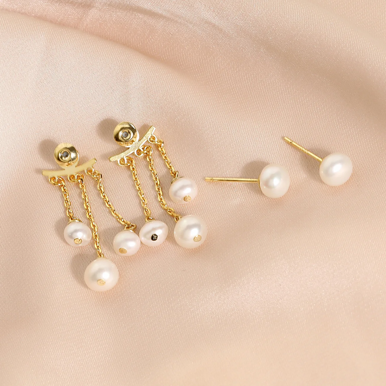 925 Silver Needle Stud Earrings Natural Freshwater Pearl W/ECO Brass Chain/16k Gold Korea Fasion Jewelry for Women HYACINTH 2021