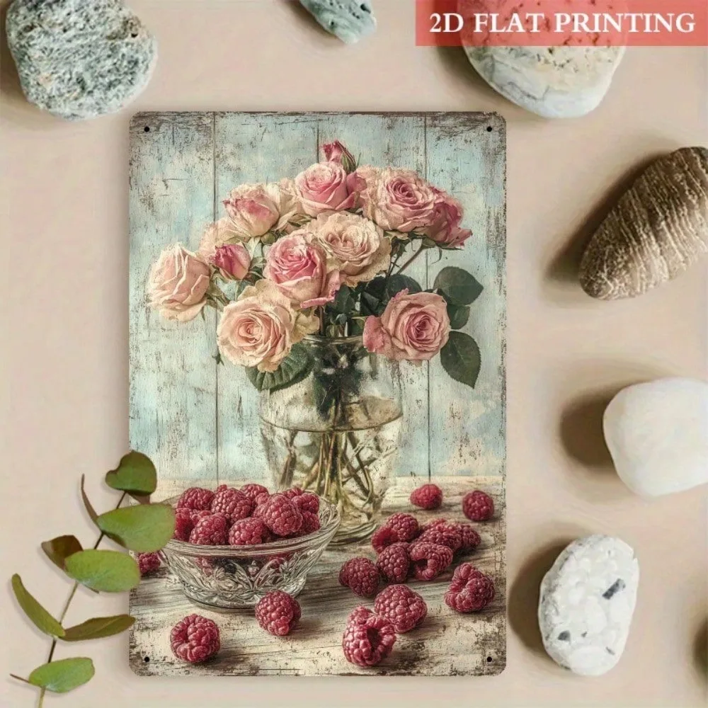 

SanRoses Metal Wall Art Sign 8x12 Inch, 3D Vintage Iron Decor Rustic Farmhouse Roses Raspberries Wall Decor for Kitchen Home