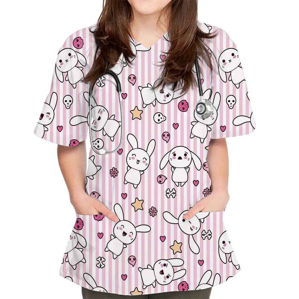 Carer Top con estampado gráfico de conejito para mujer, uniforme de enfermería con cuello en V, manga corta con bolsillos, camisa de enfermera, uniformes médicos de trabajo