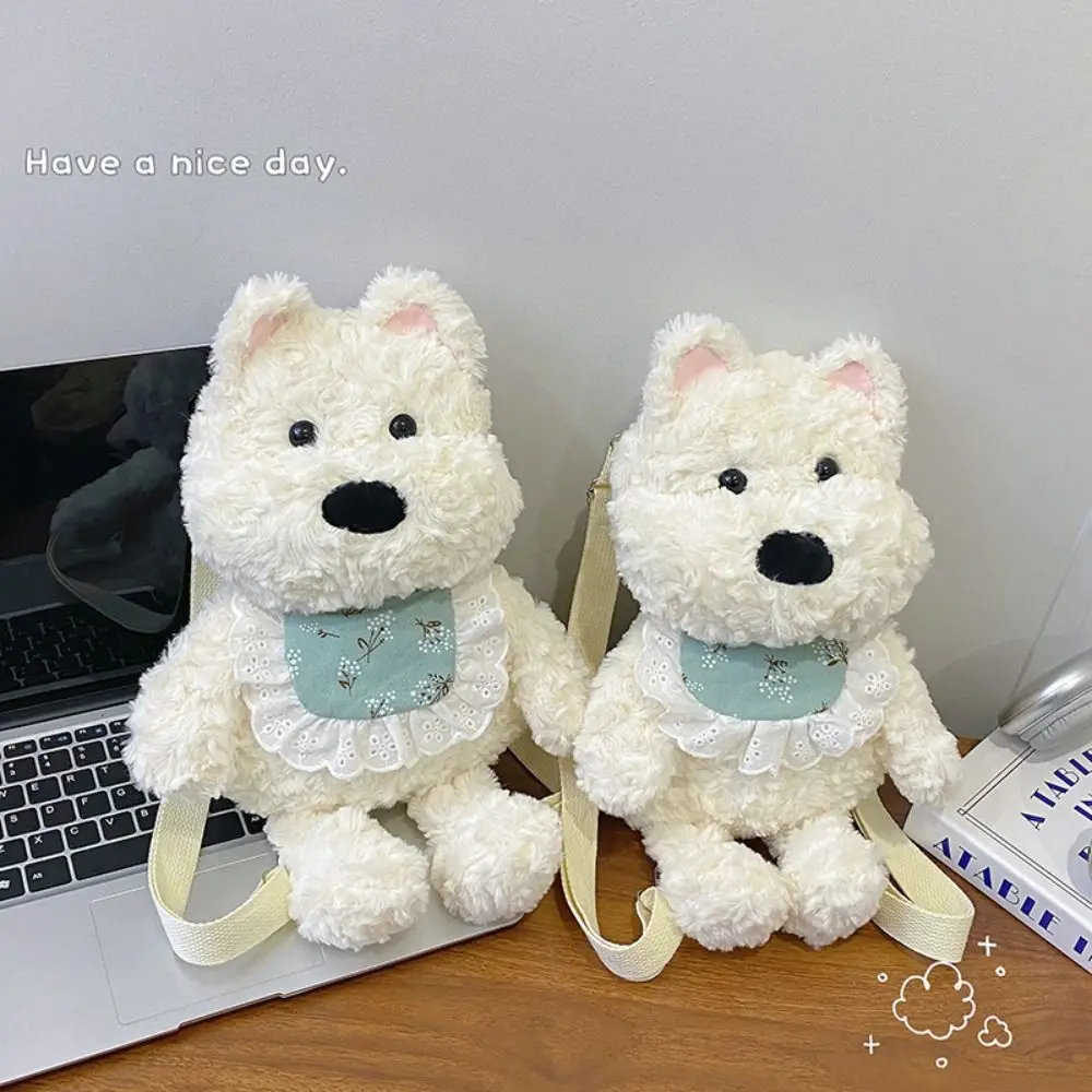 PP Cotton Westie Dog Plush Backpack Shoulder Bag Collection Plushie Doll Fur Bag Large Capacity Ins Stuffed Running Dog Knapsack