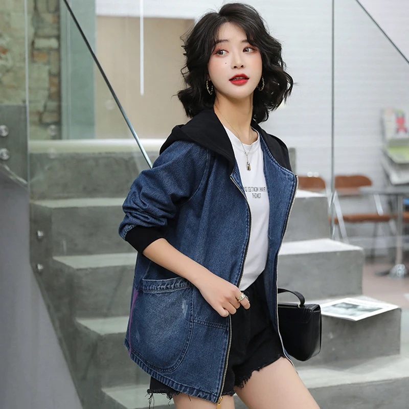 

Hooded Casual Denim Jacket Women's Trendy 2024 Spring Autumn New Korean Loose Versatile Leisure Jacket Top Cotton Pure Color ...