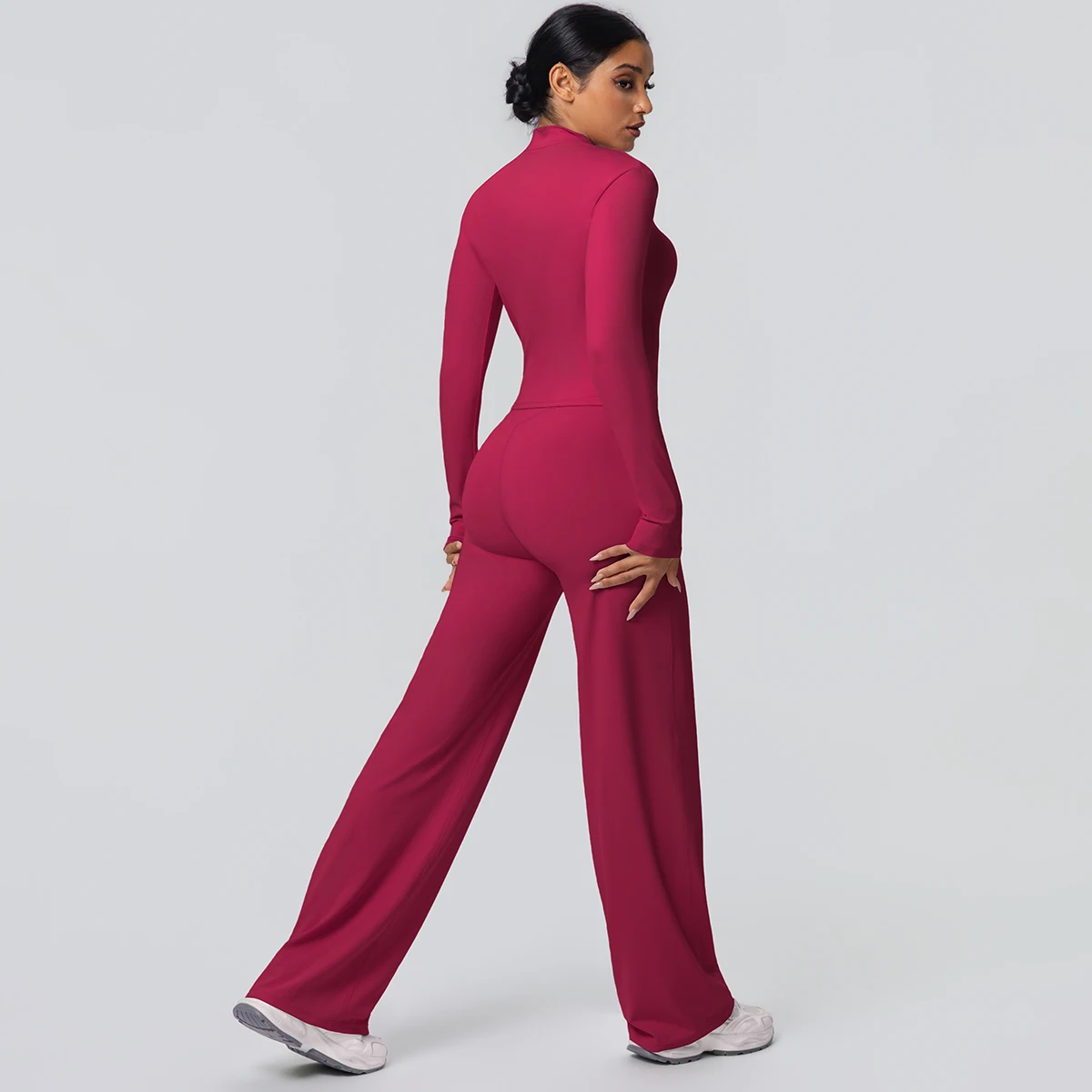 2 stück Schnell Trocknend Sport Fitness Kleidung Yoga Set Frauen Yoga Zipper Lange Ärmel Hohe Taille Atmungsaktive Breite Bein Hosen set – Detail 39