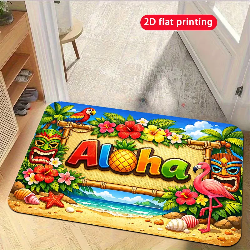 Aloha Tropical Doormat Vibrant Hawaiian Print with Tiki Masks, Flamingo, and Pineapple Non Slip Floor Mat for Beach House Decor