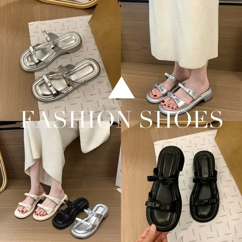 New Summer Silver Woman Slippers Fashion Open Toe Bowtie Sandals 2024 Black Ladies Comfort Beach Shoes Zapatillas De Mujer