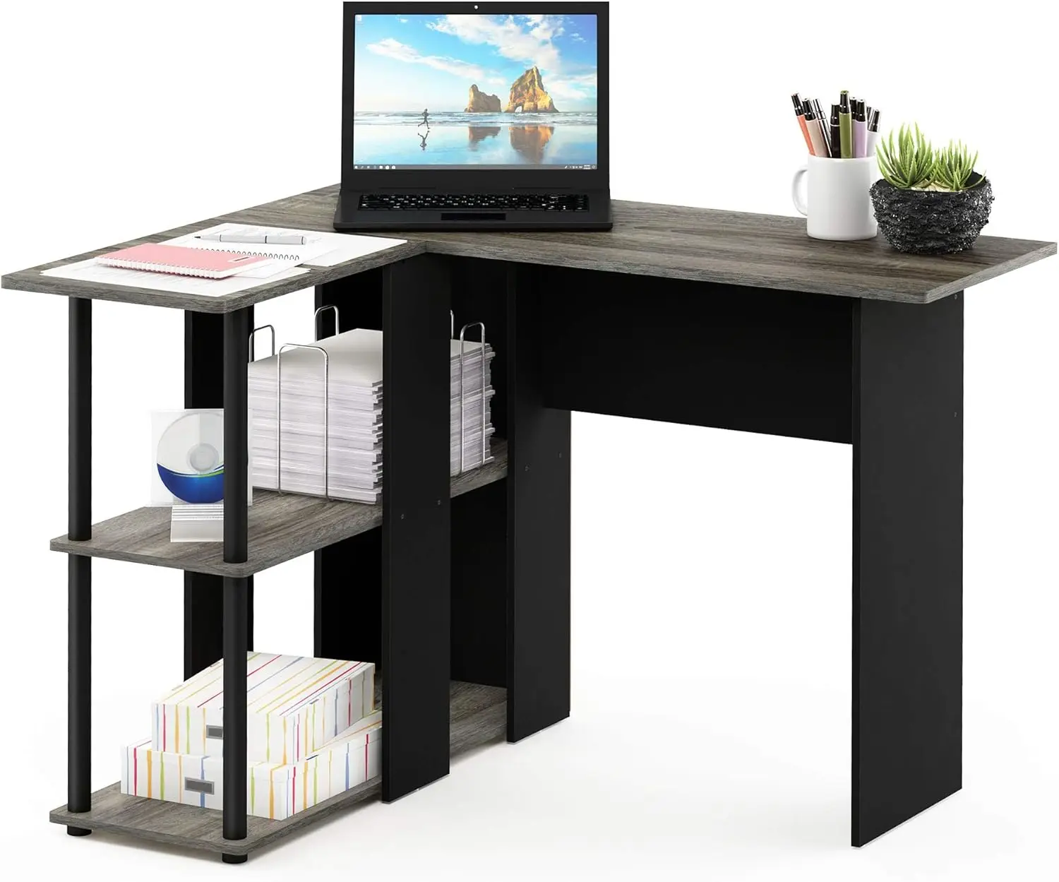 

L-Shape Computer Desk with Bookshelf, French Oak Grey/Black - Space-Saving Home Office Furniture