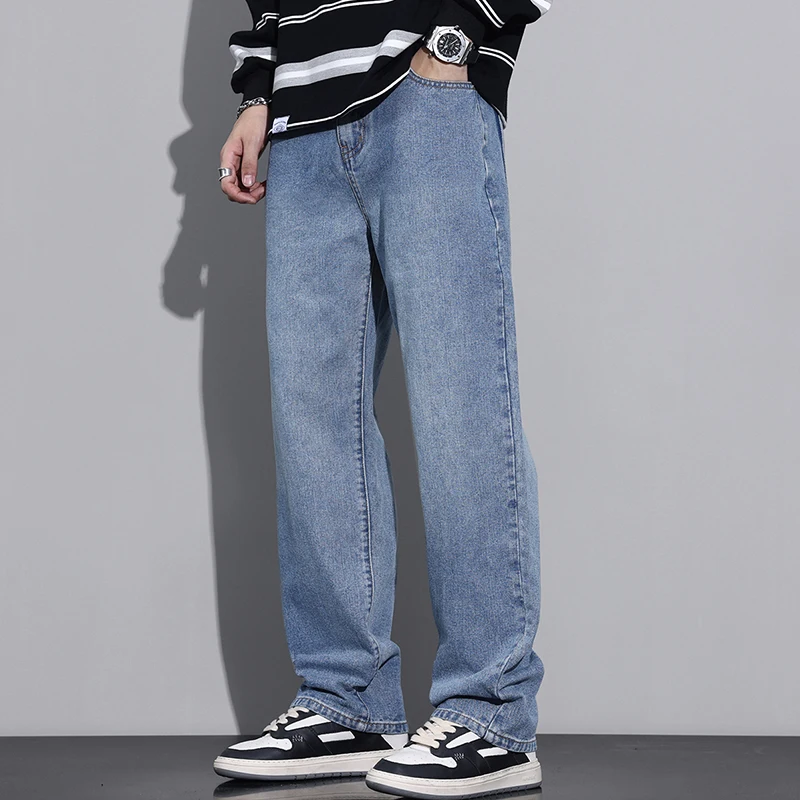 Autumn Winter Men's Jeans Embroidery Mid-waist Full Length Straight Leg Wide Leg Baggy Jeans Male High Street Y2k Denim Pants