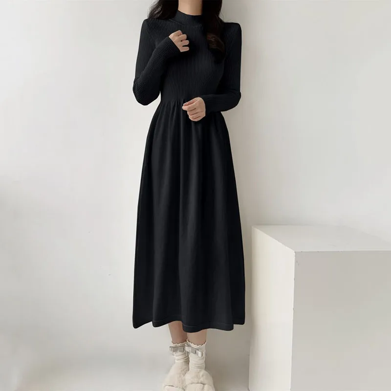 

Woman Korean Chic High Waist A-Line Dress Autumn Winter Women Knitted Dress All-Match Simple Solid Half-High Collar Long Dresses