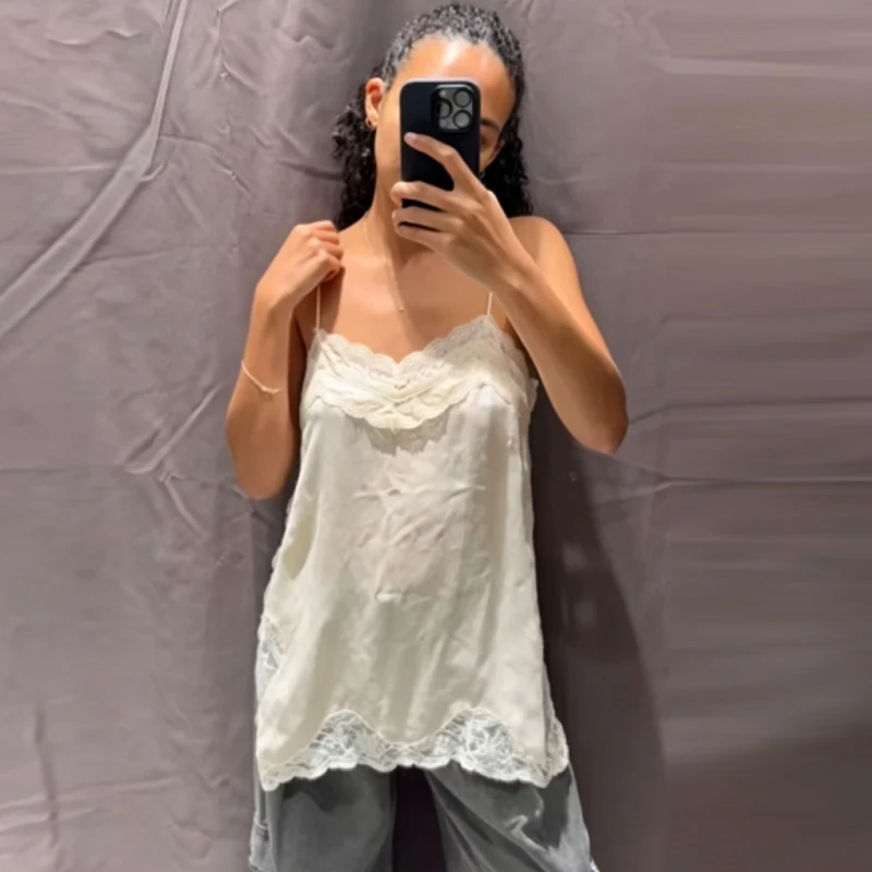HXAO Gelbes Spitzen-Slip-Top für Damen, Sommer 2026, sexy Satin-V-Ausschnitt, ärmelloses, rückenfreies Top für Damen, Y2K Fashion Streetwear Camisole – Detail 8