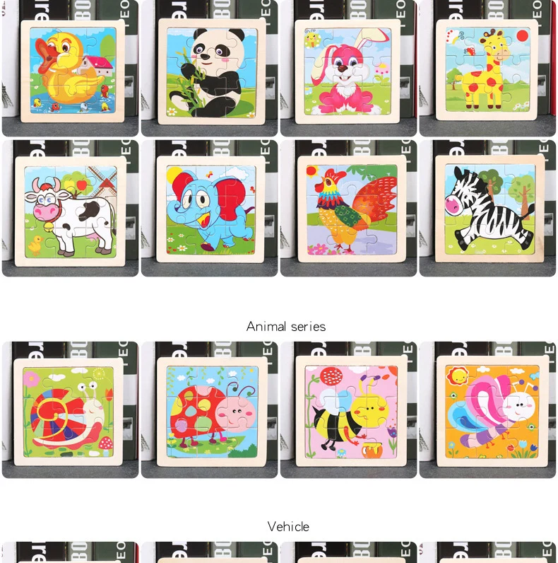 Heißer Verkauf 11X11CM Kinder Holz Puzzle Baby Cartoon Tier Verkehrs Tangram Holz Puzzle Pädagogisches Puzzle Spielzeug Für kinder Geschenke – Detail 9