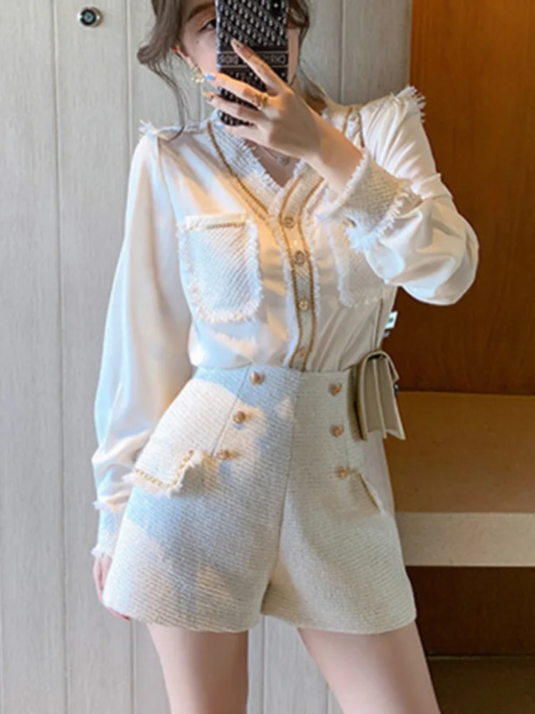 Korean Fashion Streetwear Tweed 2 Piece Set Women Long Sleeve Shirt Blouse Tops + Shorts Sets Vintage Two Piece Pant Suits