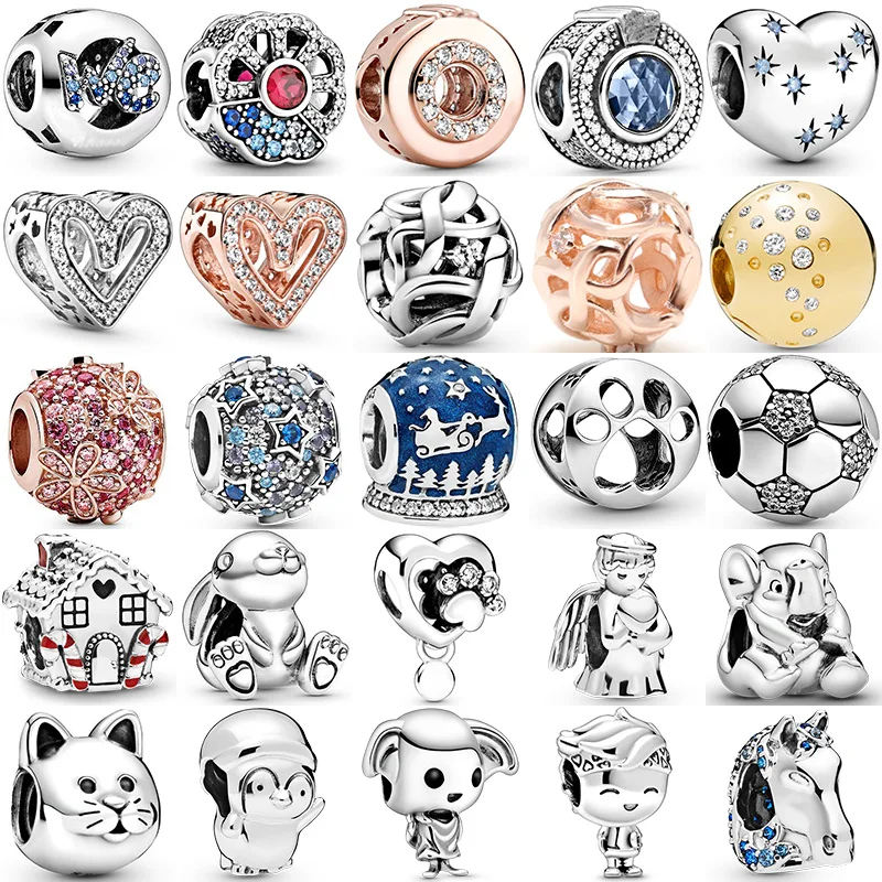 Perles carrées en argent regardé 925 pour femme, lapin, ange, fleur de football, cœur, convient au bracelet à breloques Pandora original, bijoux à bricoler soi-même