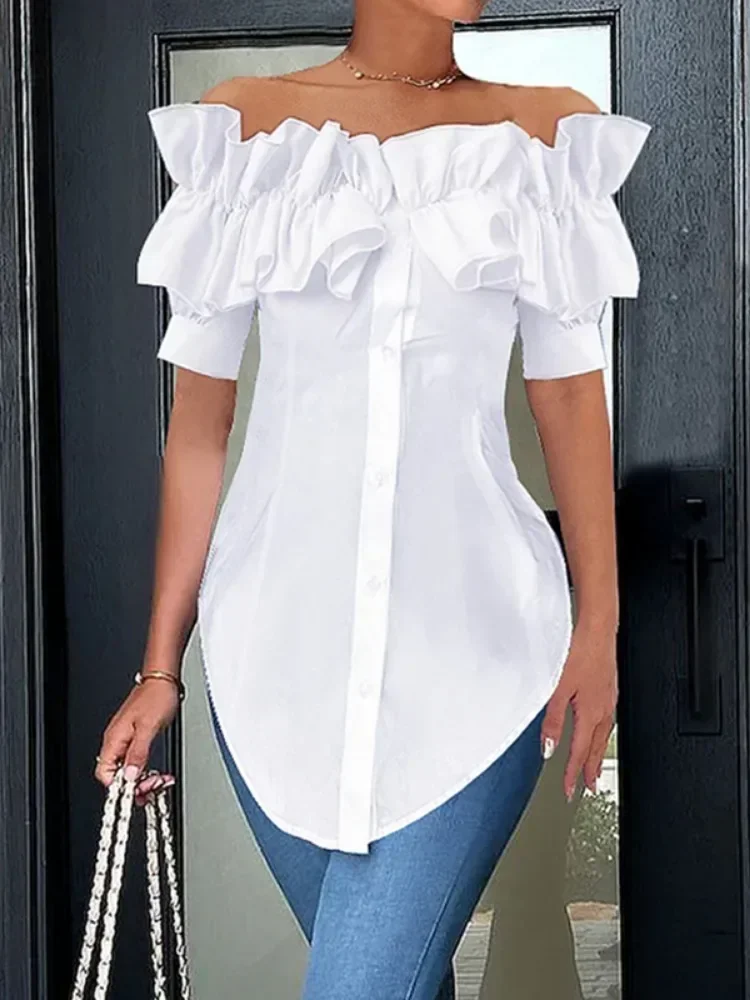 

Bohohipei 2024 New Women Fashion Buttoned Ruffled Blouses Summer Off-The-Shoulder Short Sleeves Solid Color Casual Shirts Tops