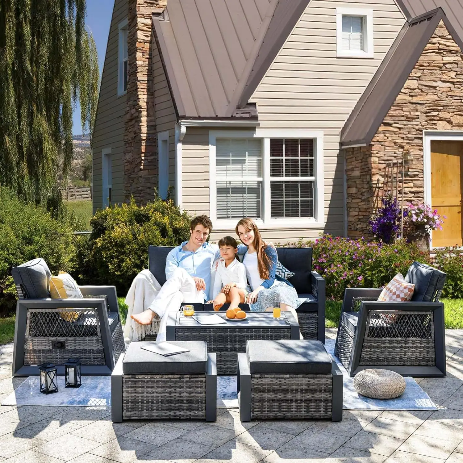 

6 Pcs Outdoor Patio Furniture Set, Patio Furniture Set with Storage, Wicker Recliner Chairs with Ottomans, Aluminum Frame Rattan