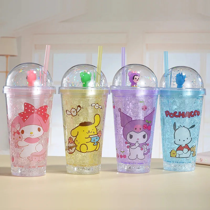 

Anime Sanrio Cinnamoroll Melod Kuromi Water Cup Summer Ice Cup Double-Layer Plastic Cup Portable Sport Mug Straw Water Cup Gift