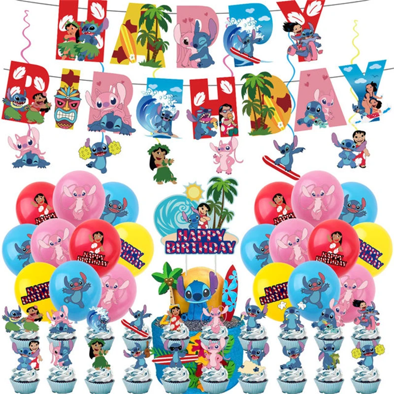 Disney Stitch Birthday Party Decorations Pink Angel Set Cartoon Tableware Paper Napkins Plates Cups Kids Happy Birthday Supplies