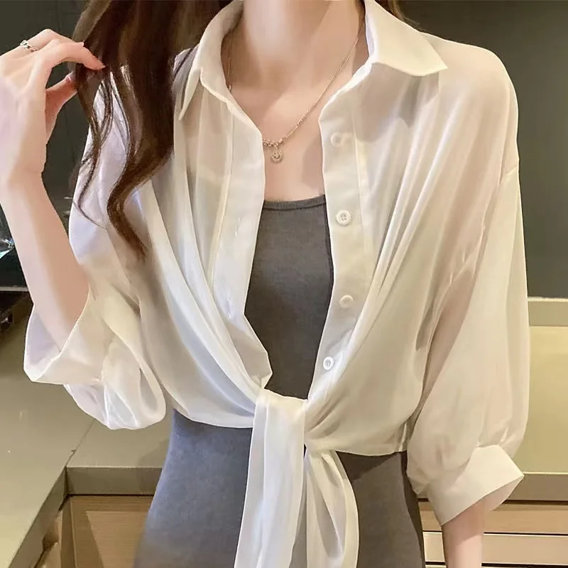 White Sun Protection Shirt Women's Spring Summer New Design Thin Chiffon Open Cardigan Shirt Top Strap Chiffon Outerwear