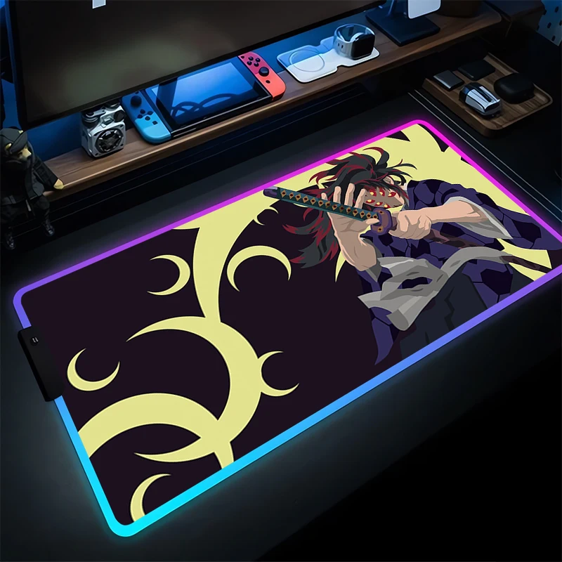 

RGB Mouse Pad Rubber PC Computer Gaming Accessories Luminous Mousepad Demon Slayer Kokushibo HD Desk Mat LED Gamer Keyboard Pad