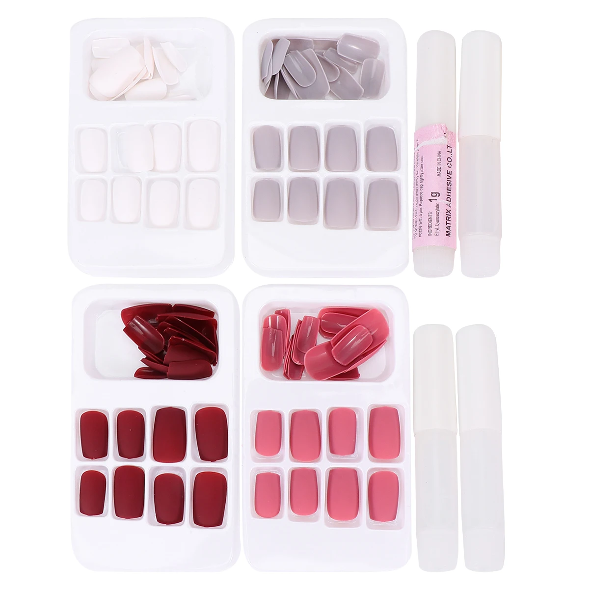 

96pcs Nails Pieces Flat Heads Fake Nails Pieces Dull Polishing Manicure Extension Pieces (Grey, White, Pink, Wine Red, Glue
