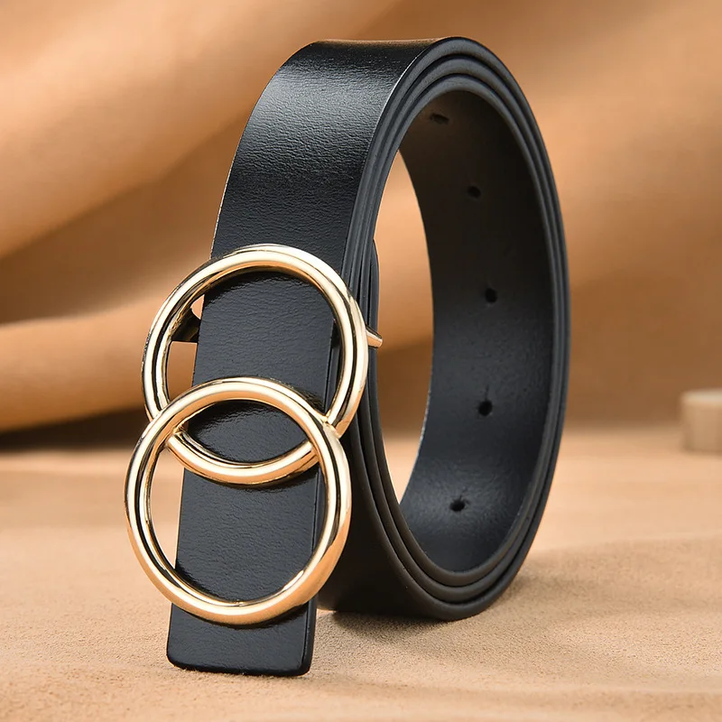 Nieuwe Leer Glad Gesp Dames Riem Veelzijdige Dubbele Cirkel Ronde Gesp Lederen Dames Riem Designer Riem 2.8Cm