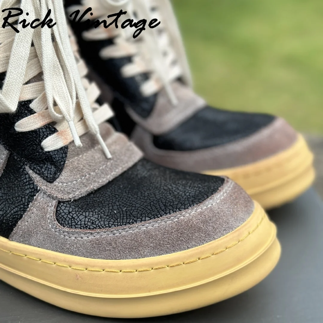 Rick Vintage Quality Men Genuine Leather High-top Ankle Boots Mixed Colors Lace-up Platform Shoes Women Designer Brand Sneakers