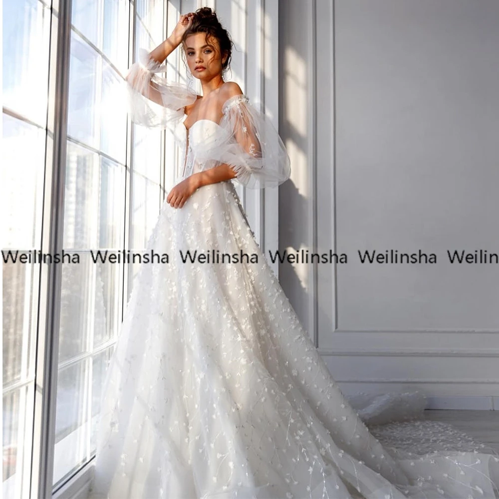 Angepasst Weilinsha V-ausschnitt Weiß 3D Blume Brautkleider Sommer Weg Von Der Schulter Tüll Brautkleider Zipper Zurück Vestidos De F